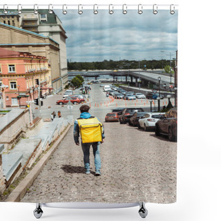 Personality  Back View Of Delivery Man With Thermo Backpack Walking On Paving Stone Walkway On Urban Street  Shower Curtains