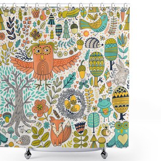 Personality  Floral Seamless Pattern With Forest Animals Shower Curtains