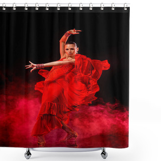 Personality  Young Woman Dancing Latino On Dark Smoky Background Shower Curtains