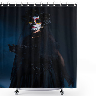 Personality  Woman In Santa Muerte Makeup And Creepy Costume With Black Lace Veil On Dark Blue Background Shower Curtains