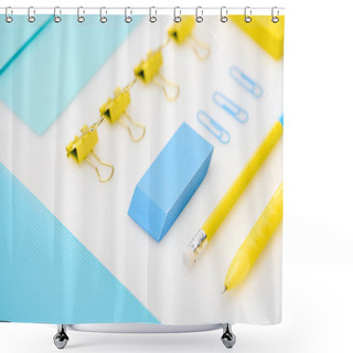 Personality  Flat Lay Of Blue Eraser, Paper Clips, Folder, Envelope, Yellow Pen, Pencil, Stickers In White Background Shower Curtains