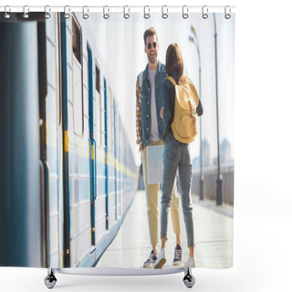 Personality  Rear View Of Stylish Female Tourist With Backpack Talking To Smiling Boyfriend In Sunglasses At Outdoor Subway Station Shower Curtains