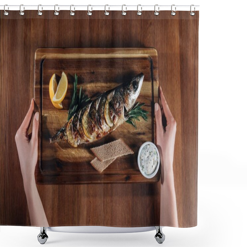 Personality  Cropped Shot Of Woman Holding Grilled Fish With Lemon On Wooden Board Shower Curtains