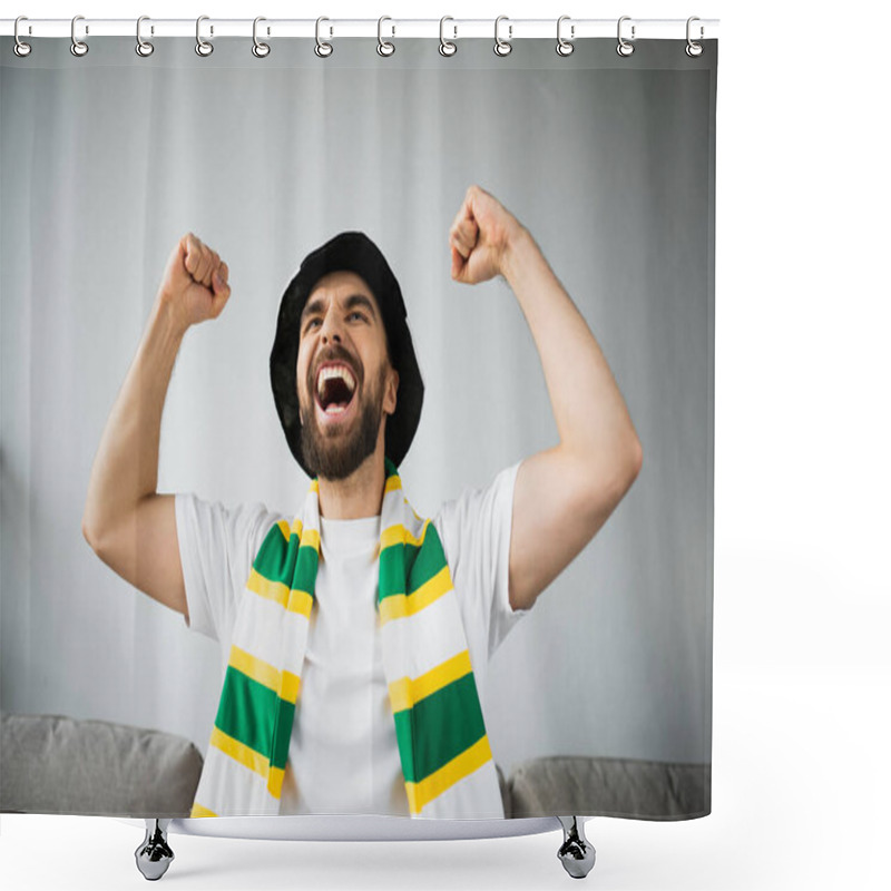 Personality  Excited Man In Fan Hat And Stiped Scarf Celebrating While Watching Championship  Shower Curtains