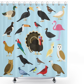 Personality  Set Of Domestic Birds And Tropical Animals. Griffon Vultures, Cockatoo Parrot. Rhinoceros Hornbill, Toco Toucan, Flamingo And Extinct Species. Moa, Dodo And Feather. Shower Curtains