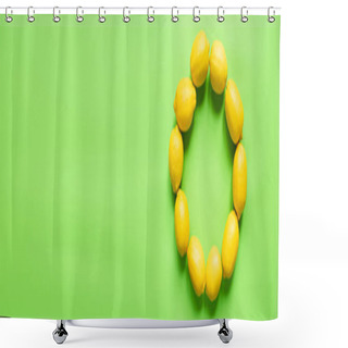 Personality  Top View Of Ripe Yellow Lemons Arranged In Round Empty Frame On Green Background, Panoramic Orientation Shower Curtains