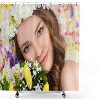 Personality  Close-up Portrait Of Happy Young Woman With Floral Wreath And Bouquet Shower Curtains