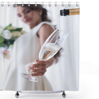 Personality  Selective Focus Of Bride Holding Glass Of Champagne Shower Curtains