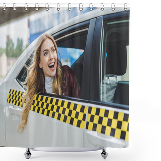 Personality  Smiling Young Woman Looking Away Through Taxi Window   Shower Curtains