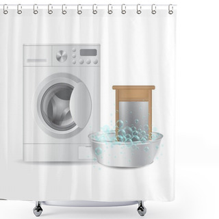 Personality  Vector Realistic Automatic Washing Machine And Ribbed Hand Washboard In Metal Basin Shower Curtains