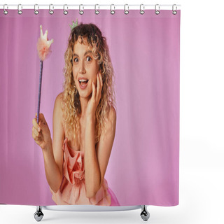 Personality  Amazed Jolly Blonde Woman In Pink Costume Of Tooth Fairy Holding Magic Wand And Looking At Camera Shower Curtains