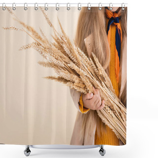 Personality  Cropped View Of Fashionable Blonde Girl In Autumn Outfit Holding Wheat Spikes Isolated On Beige Shower Curtains