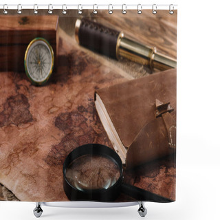 Personality  Old World Map With Telescope, Leather Notebook, Magnifying Glass And Compass On Wooden Surface Shower Curtains