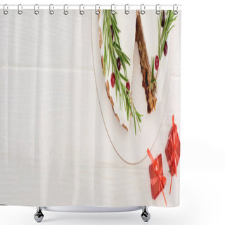 Personality  Top View Of Christmas Pie With Rosemary And Red Berries On White Wooden Table With Little Gifts Shower Curtains