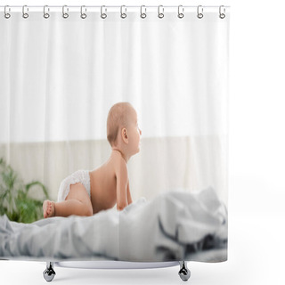 Personality  Side View Of Cute Little Child Crawling On Bed And Looking Away Shower Curtains