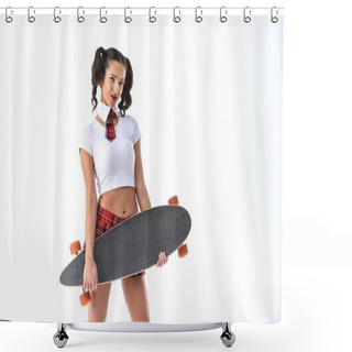 Personality  Young Sexy Schoolgirl Holding Skateboard Isolated On White Shower Curtains
