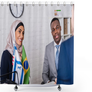 Personality  Smiling African American And Arabian Business Partners Looking At Interpreter On Blurred Foreground Shower Curtains