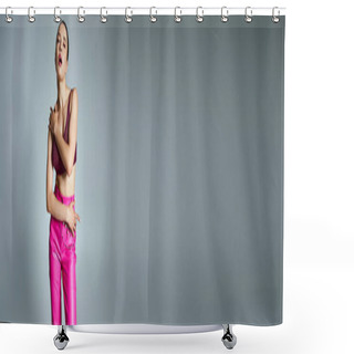 Personality  Brunette Woman In Pink Trousers And Dark Red Top, Wearing Stylish Jewelry, Hands On Her Body, Banner Shower Curtains