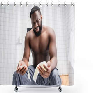 Personality  Confused Afro-american Man Trying Wax Strips Shower Curtains