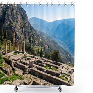 Personality  Sunshine On Ancient Columns Near Tranquil Mountains In Greece  Shower Curtains