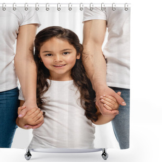 Personality  Cropped View Of Parents Holding Hands With Cheerful Latin Daughter While Standing Isolated On White  Shower Curtains