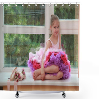 Personality  Cute Little Girl With Pointe Shoes And Flowers Sitting On A Windowsill Shower Curtains