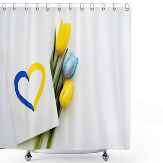 Personality  Top View Of Card With Painted Heart Sign Near Blue And Yellow Tulips On White Background  Shower Curtains