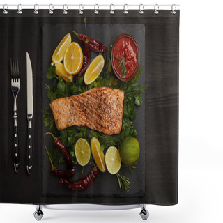 Personality  Top View Of Grilled Salmon Steak, Pieces Of Lime And Lemon, Sauce And Cutlery On Black Surface Shower Curtains