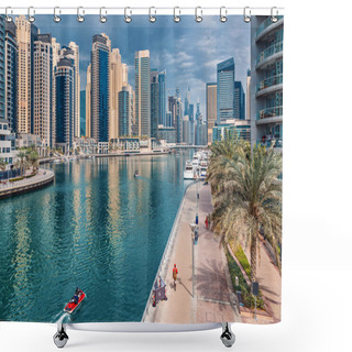 Personality  Modern And Developed Dubai Marina Area With High Skyscrapers And Commercial And Residential Real Estate. A Jet Ski Is Floating On The Water And People Are Walking Along The Embankment Shower Curtains