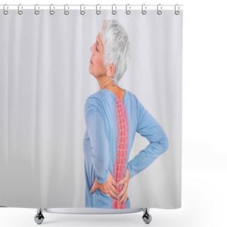 Personality  Matur Woman Suffering From Lower Back Pain. Mature Woman Resting With Back Pain. Female Lower Back Pain. Senior Woman Injury Suffering From Backache, Spine In 3d Shower Curtains