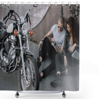 Personality  Girlfriend And Boyfriend Sitting On Asphalt With Classical Chopper Motorcycle Shower Curtains