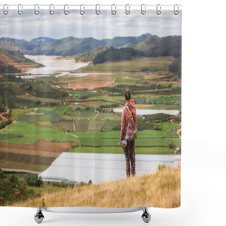 Personality  Back View Of Man Looking At Beautiful Landscape With Agricultural Fields And Mountains, Vietnam, Dalat Region Shower Curtains