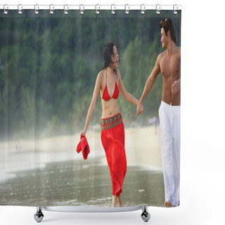 Personality  Couple Walking Along Beach Shower Curtains