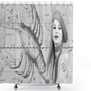 Personality  Cancer Zodiac Sign. Astrology And Horoscope Concept, Beautiful Woman Cancer On Zodiac Map Shower Curtains