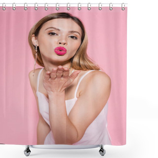 Personality  Pretty Woman Blowing Air Kiss At Camera Isolated On Pink  Shower Curtains