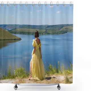 Personality  A Girl In A Long Dress Standing On A Cliff By The Bay Shower Curtains