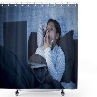 Personality  Young Beautiful Hispanic Internet Addict Woman On Bed With Computer Laptop Yawning Tired Shower Curtains