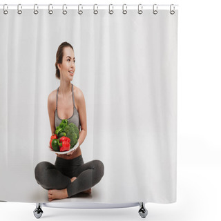 Personality  Happy Young Woman Sitting On Floor With Tray Of Various Healthy Vegetables Isolated On White Shower Curtains