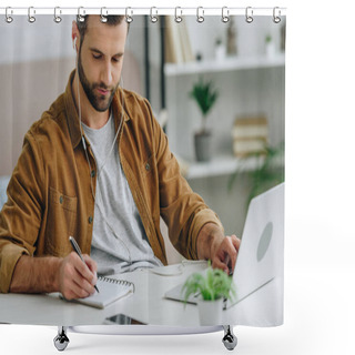 Personality  Handsome Man Listening Music, Writing In Notebook And Using Laptop  Shower Curtains
