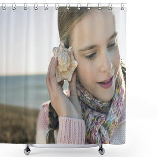 Personality  Girl Listening To A Seashell Shower Curtains