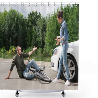 Personality  Driver And Biker Quarreling After Car Accident On Road Shower Curtains