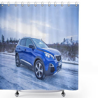 Personality  MOSCOW, RUSSIA - MARCH 15, 2020: Side View Of Blue SUV Peugeot 3008 On On Winter Countryside Landscape Shower Curtains