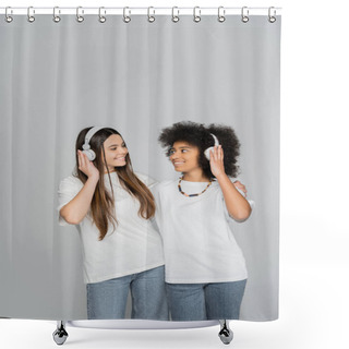 Personality  Positive And Multiethnic Teen Girlfriends In Jeans And White T-shirts Hugging And Listening Music In Headphones Isolated On Grey, Energetic Teenage Models Spending Time, Friendship And Companionship Shower Curtains