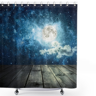 Personality  Night Sky With Stars And Full Moon, Wooden Planks Shower Curtains