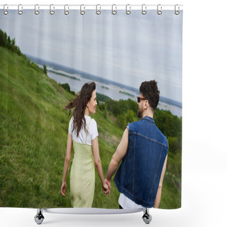 Personality  Side View Of Smiling And Trendy Romantic Couple In Summer Outfits Holding Hands While Walking On Grassy Hills With Cloudy Sky At Background, Couple In Love Enjoying Nature, Tranquility Shower Curtains