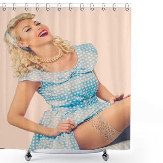 Personality  Sexy Coquette Blond Pin Up Style Young Woman In Blue Dress Shower Curtains