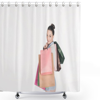 Personality  Side View Of Stylish Woman With Shopping Bags Looking At Camera Isolated On White Shower Curtains