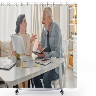 Personality  A Man And A Disabled Woman In A Wheelchair Sit At A Table, Engaged In Deep Conversation In Their Kitchen At Home. Shower Curtains