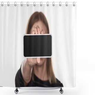 Personality  Selective Focus Of Victim Of Cyberbullying Presenting Smartphone With Blank Screen Isolated On White Shower Curtains