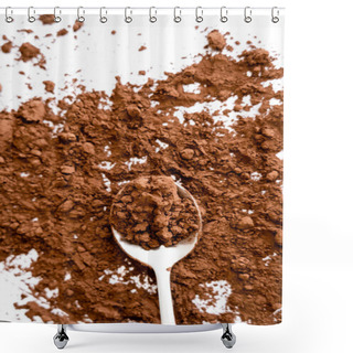 Personality  Top View Of Natural Cocoa Powder On Spoon On White Background  Shower Curtains